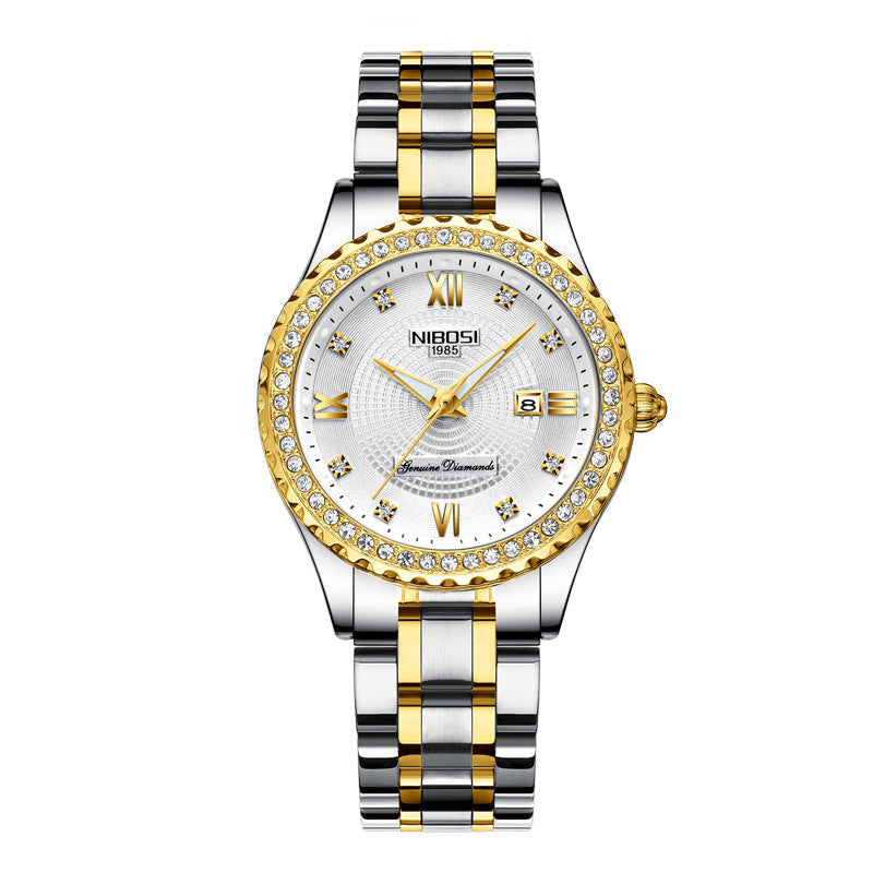 Luxury watch with silver and gold band on a white background
