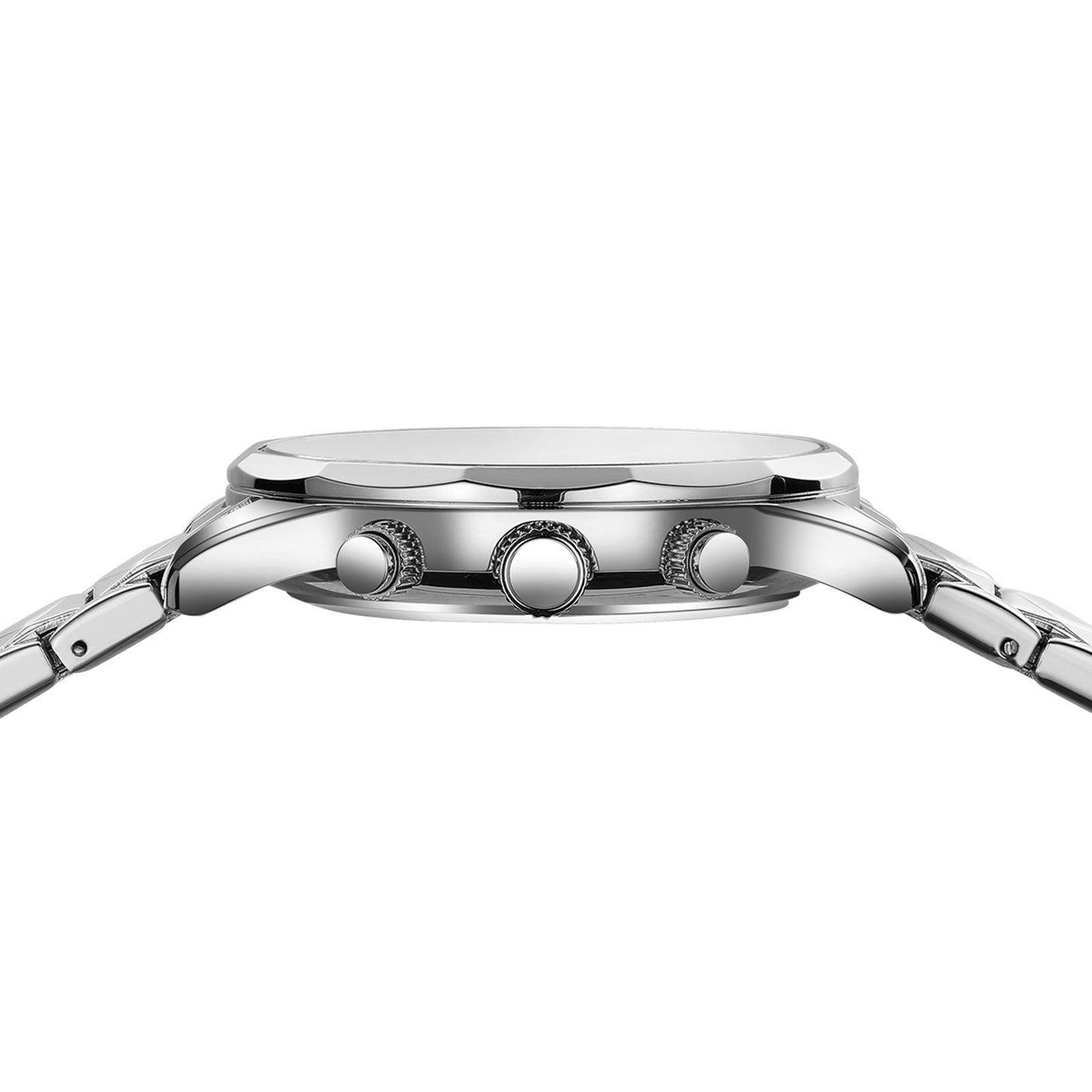 Close-up side profile of a silver stainless steel watch with a metal link bracelet, featuring a textured crown guard and three crown buttons on the side.