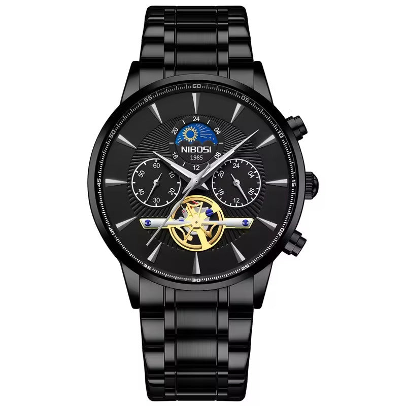 Black wristwatch with detailed face on a white background