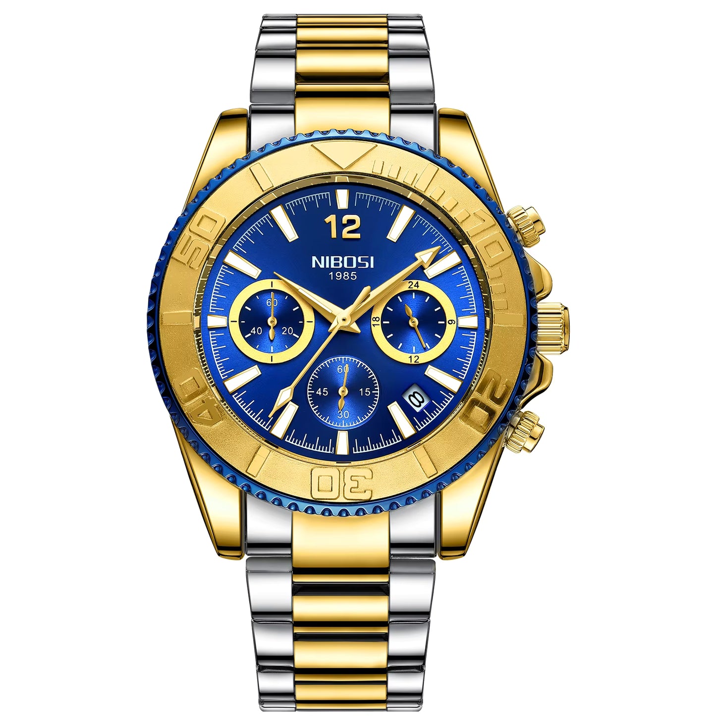Gold and silver watch with blue face on a white background