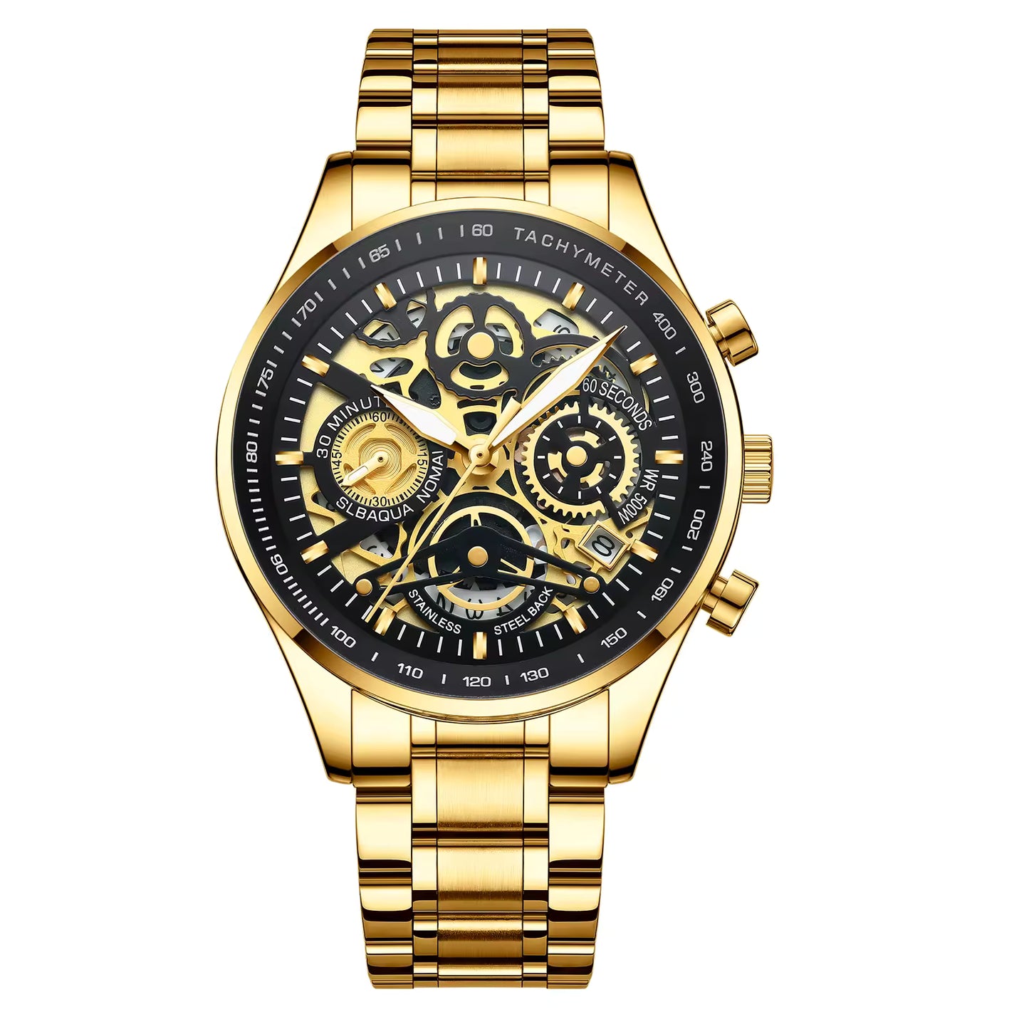 Gold wristwatch with a black face on a white background