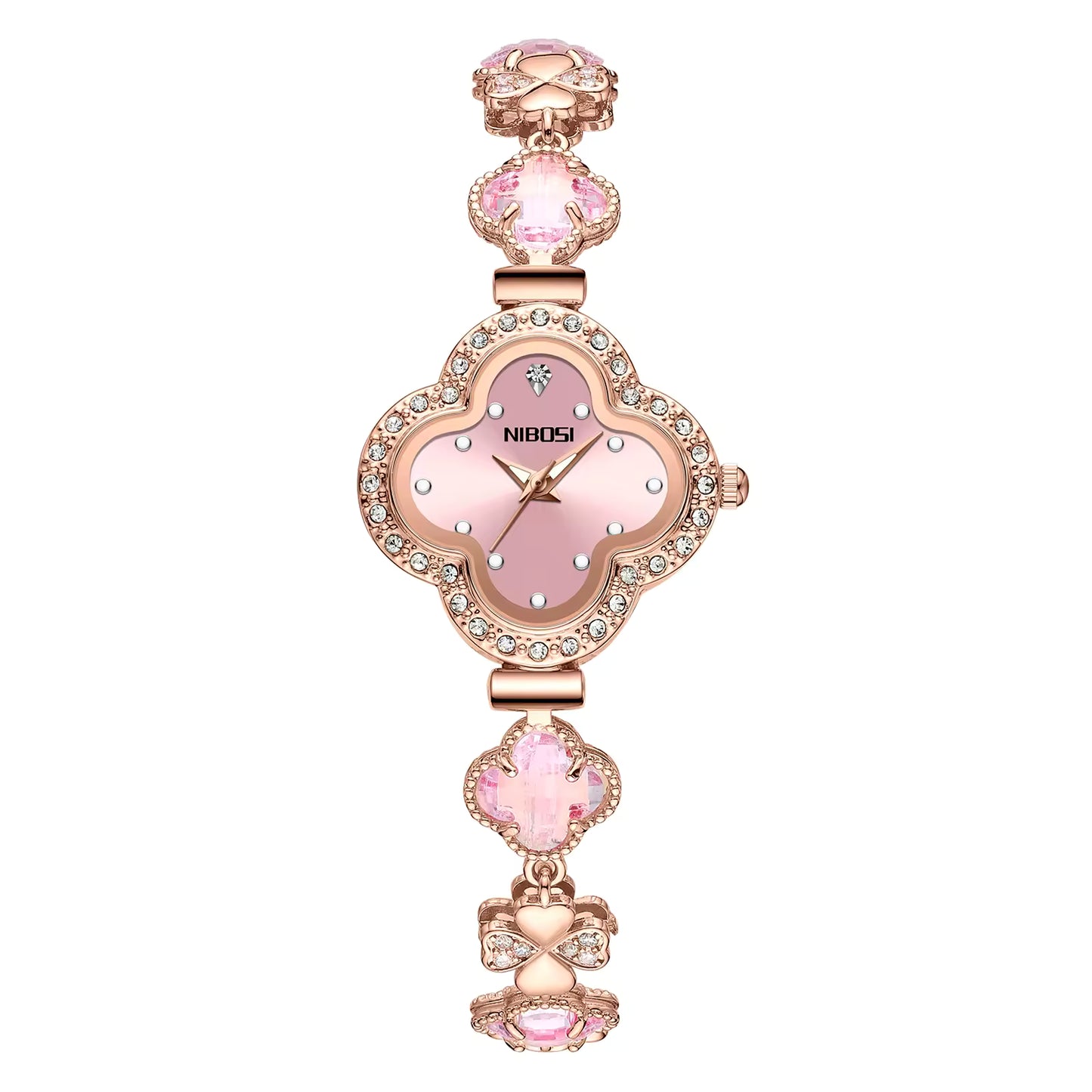Pink and rose gold watch with floral design on a white background