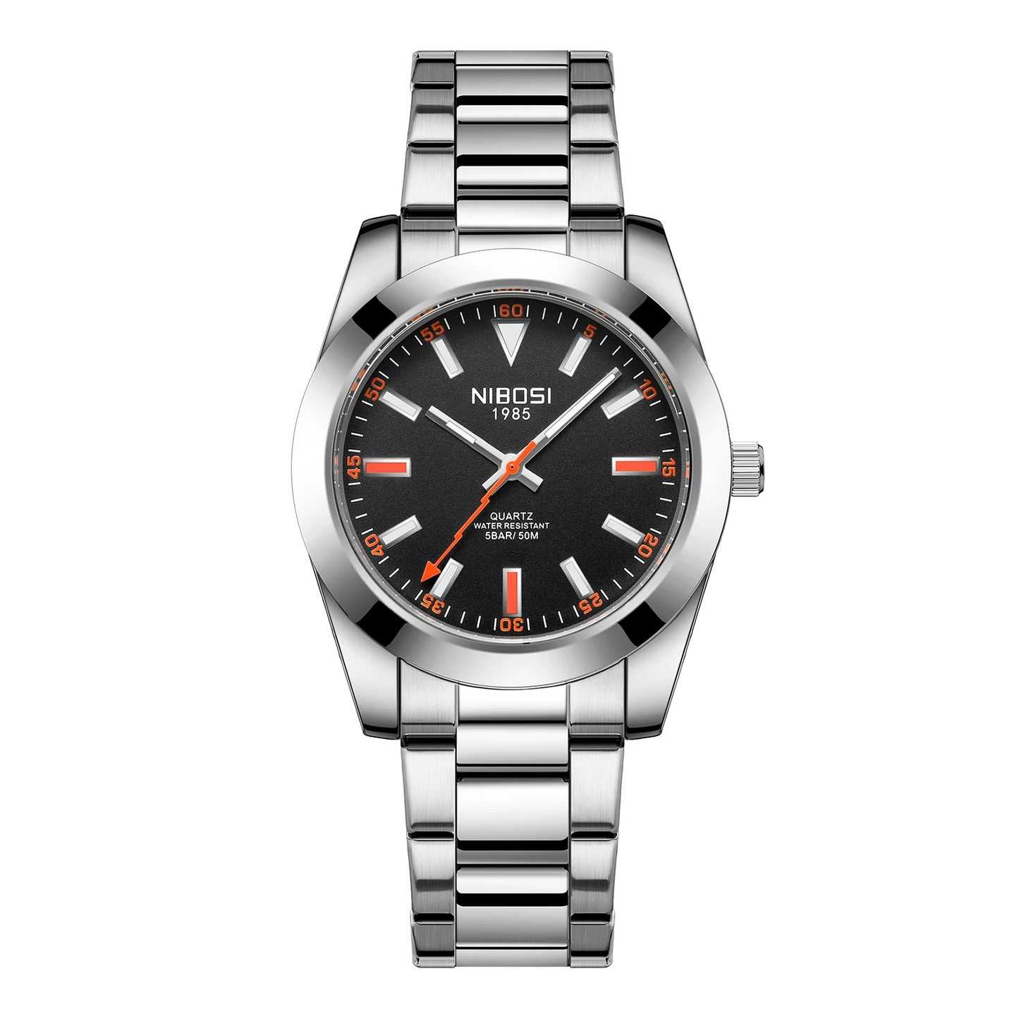 Silver wristwatch with black dial and red accents on a white background