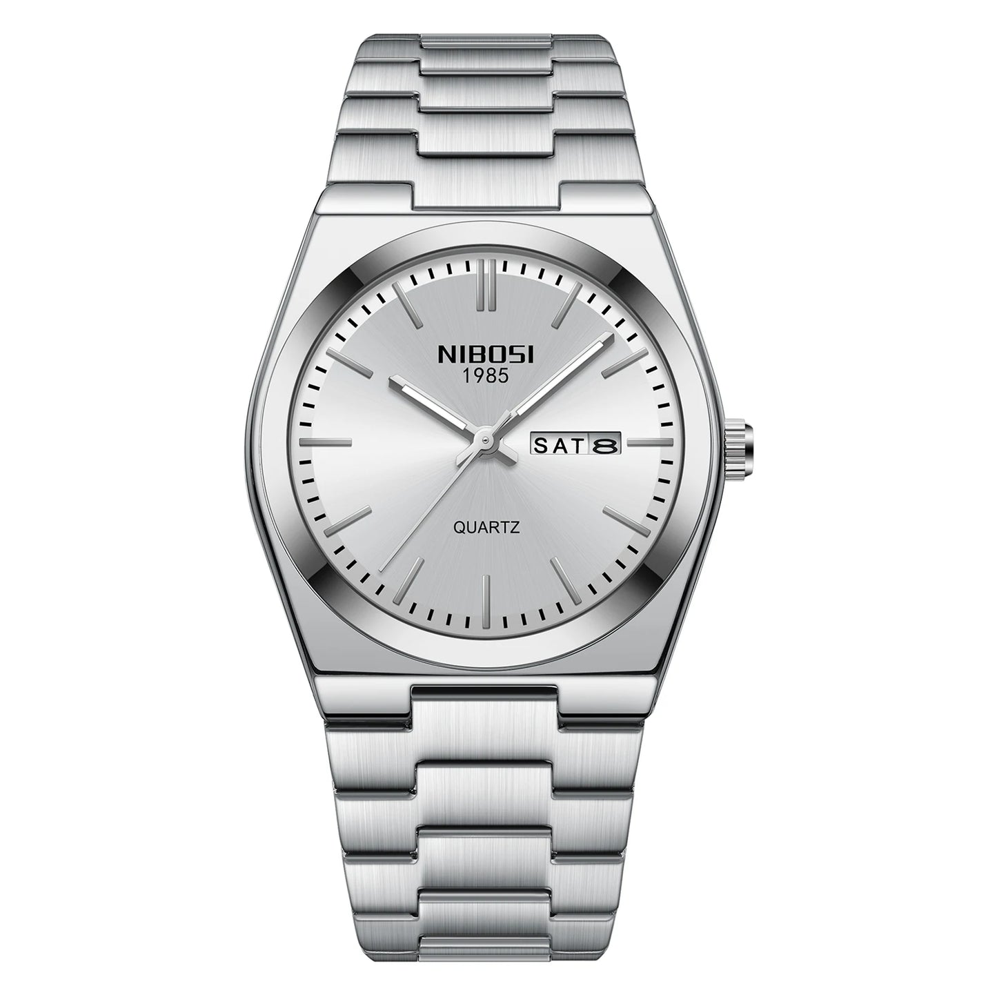 Silver wristwatch with 'NIBOSI' brand on a white background