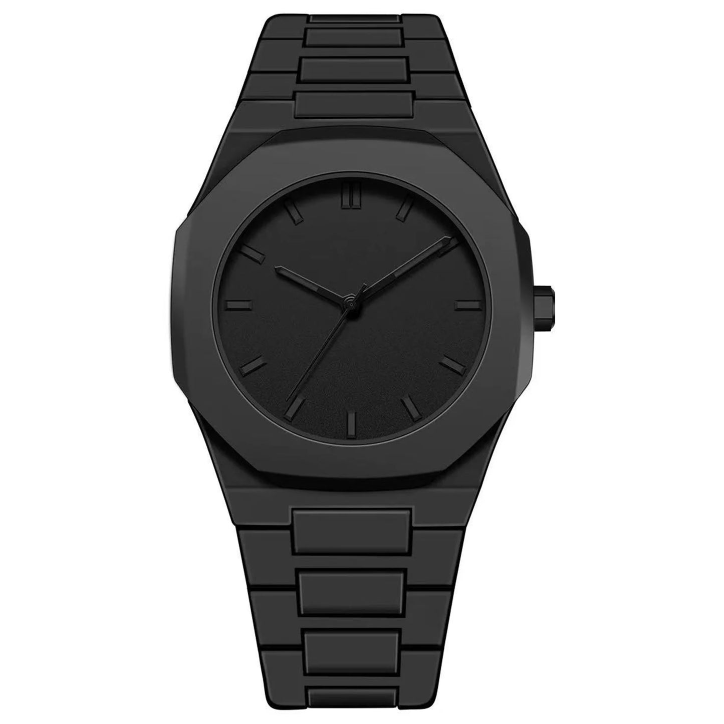 Black wristwatch with a minimalist design on a white background