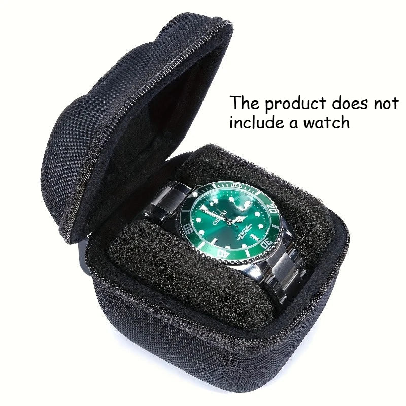 Black watch case with a green watch face on a white background
