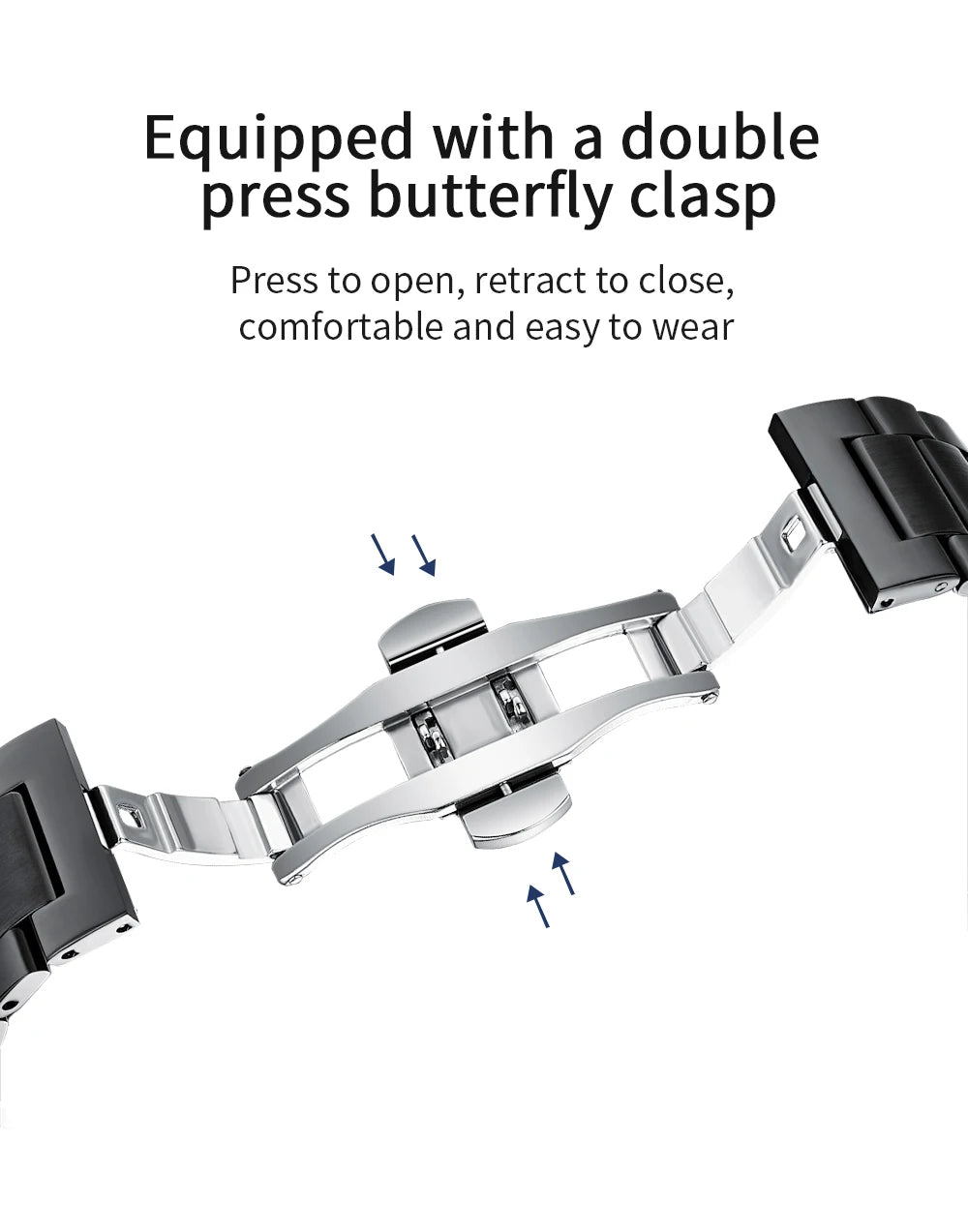 Watch strap with double press butterfly clasp mechanism on a white background