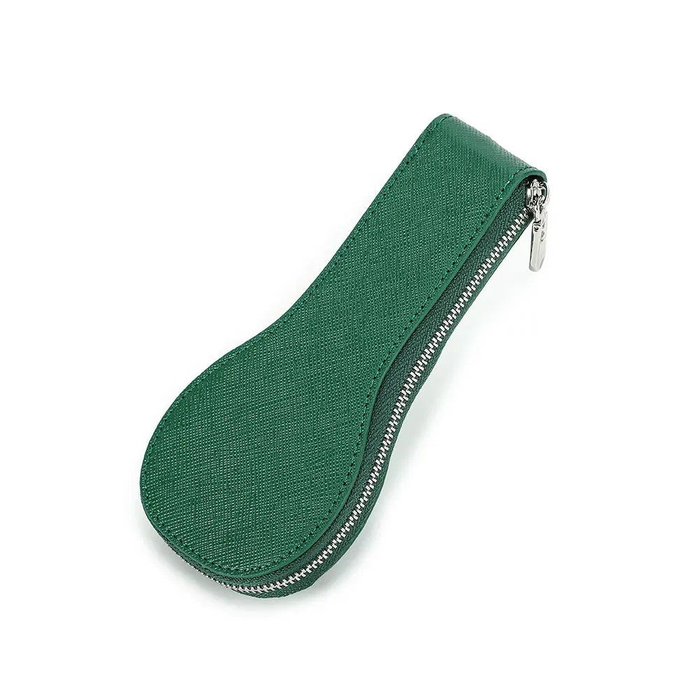 Green zippered pouch on a white background