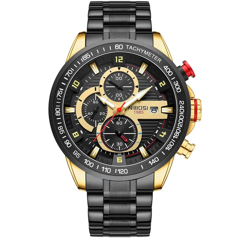 Luxury watch with black and gold design on a white background