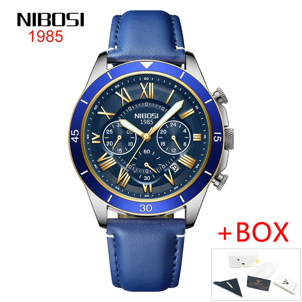 Blue wristwatch with NIBOSI branding on a white background