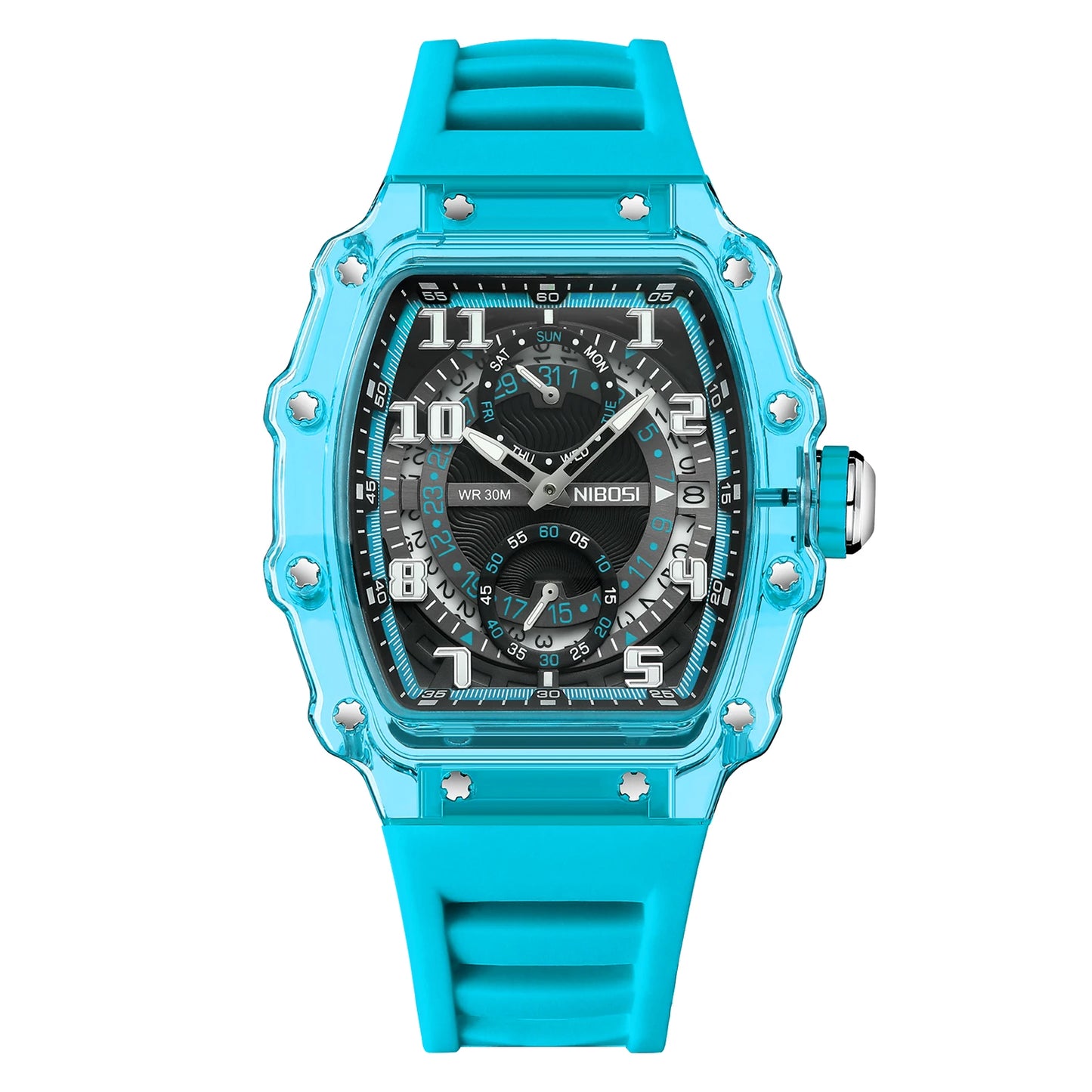 Turquoise watch with a detailed face on a white background