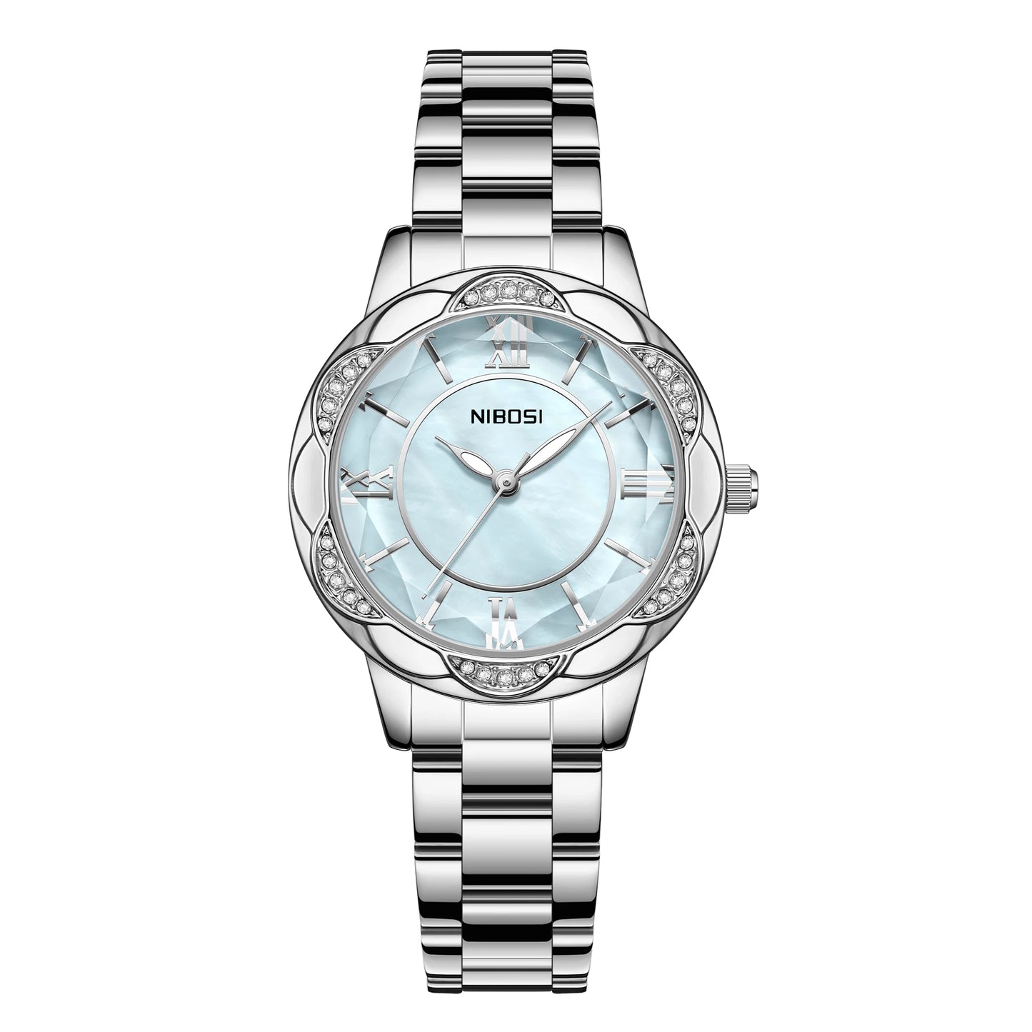 Silver watch with a light blue face on a white background, featuring the brand 'NIBOSI'.