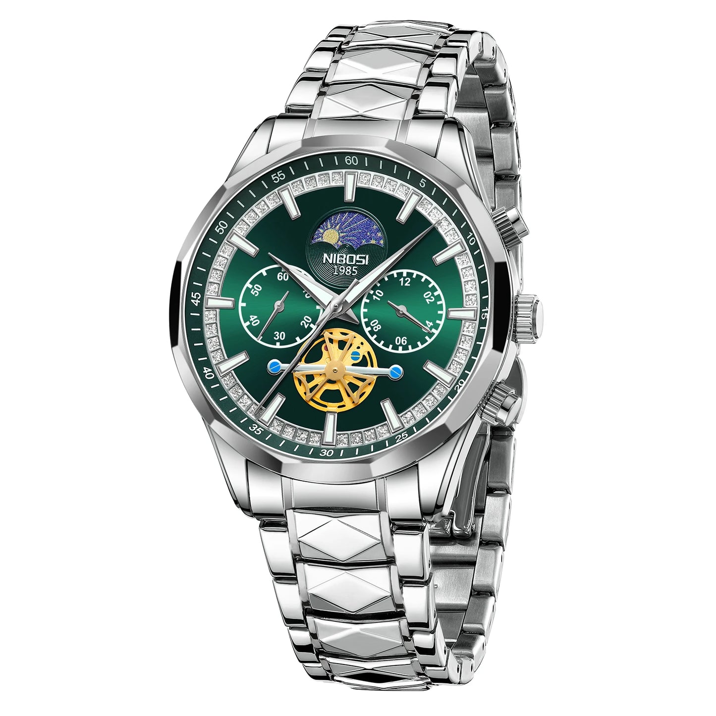 Silver wristwatch with a green face on a white background
