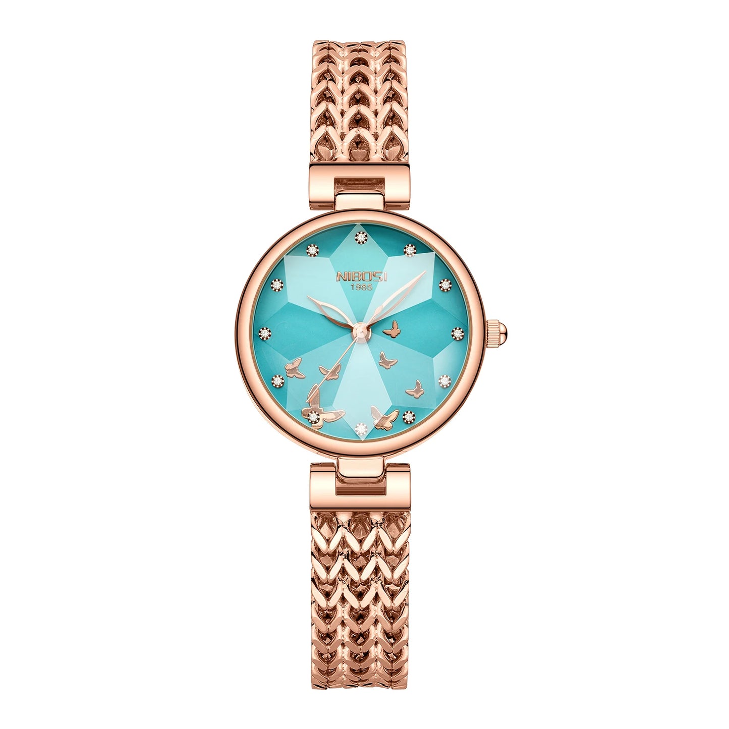Wristwatch with rose gold strap and turquoise dial on a white background
