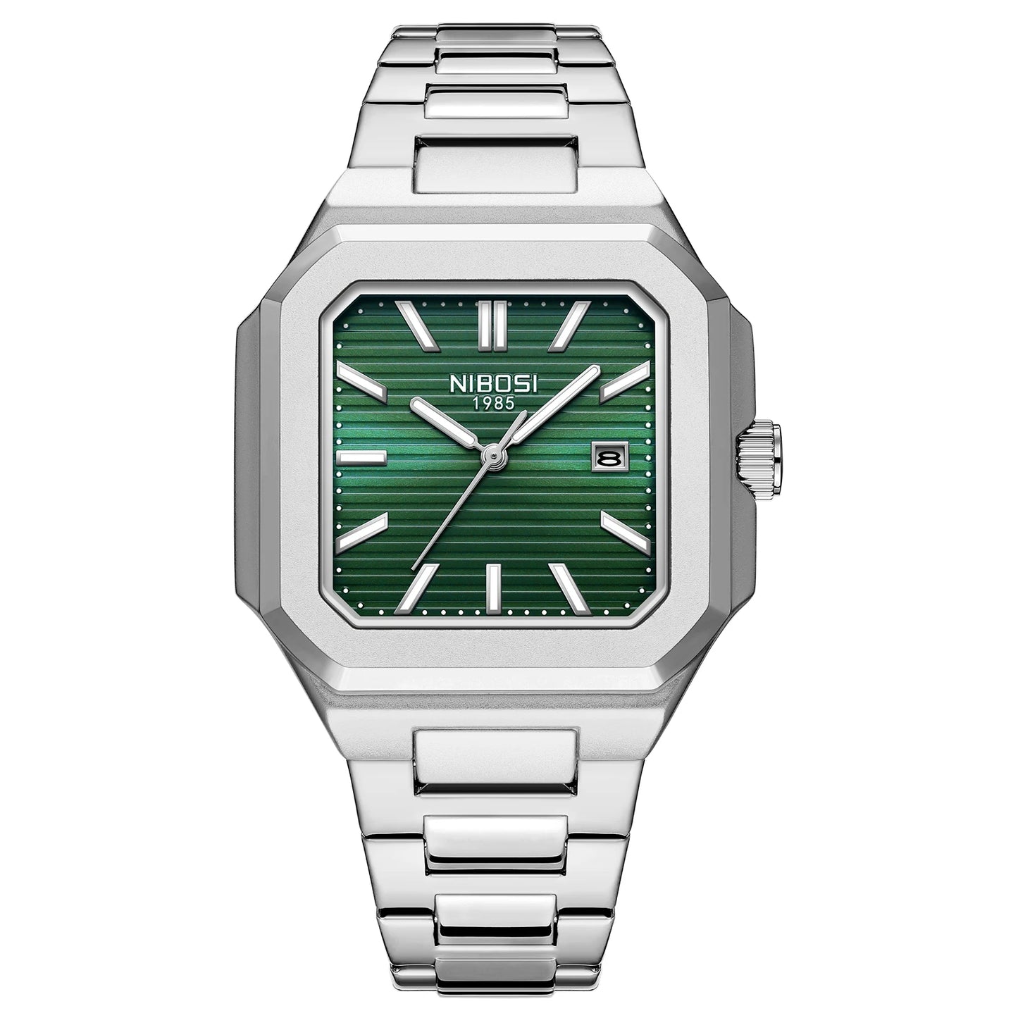 Silver watch with green face on a white background