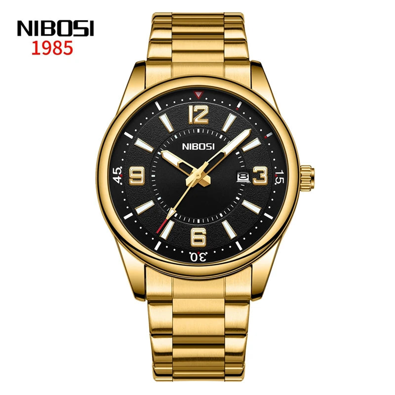 Gold wristwatch with black dial on a white background, featuring the NIBOSI brand.