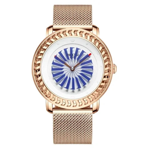 A black mesh belt watch with a patterned dial.