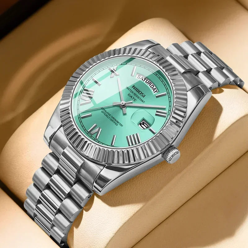 Man wearing a NIBOSI steel quartz watch