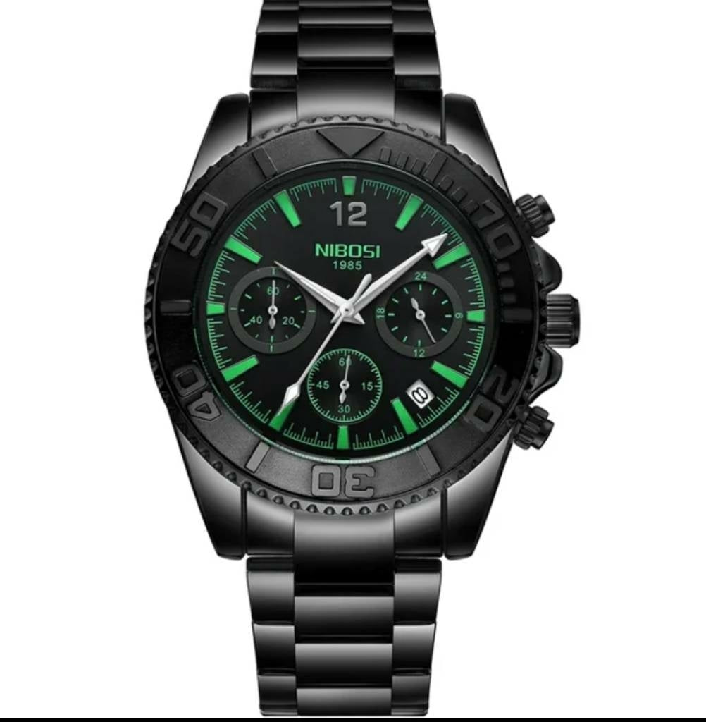 Black wristwatch with green accents on a white background