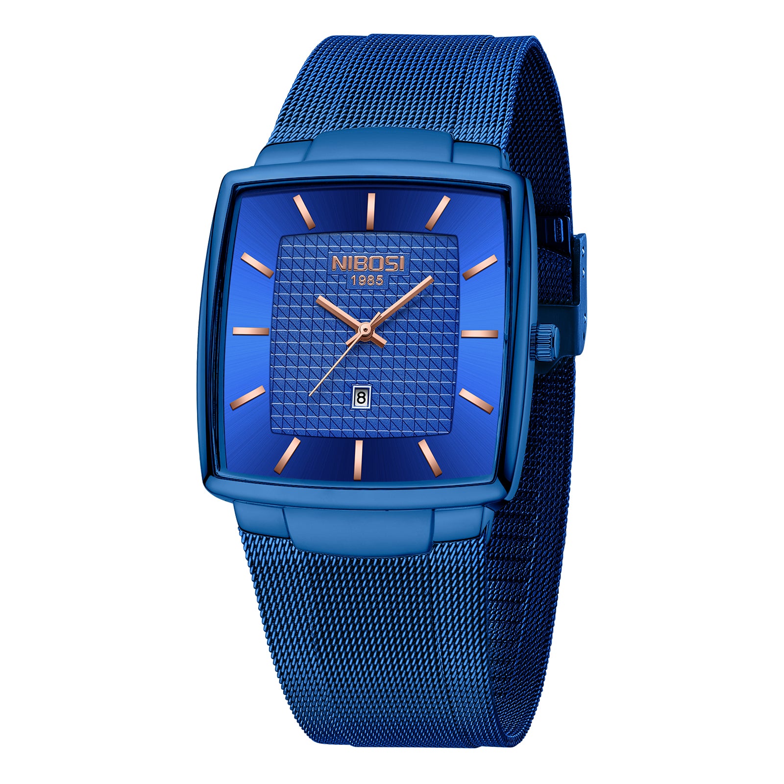 Blue watch with mesh band on a white background