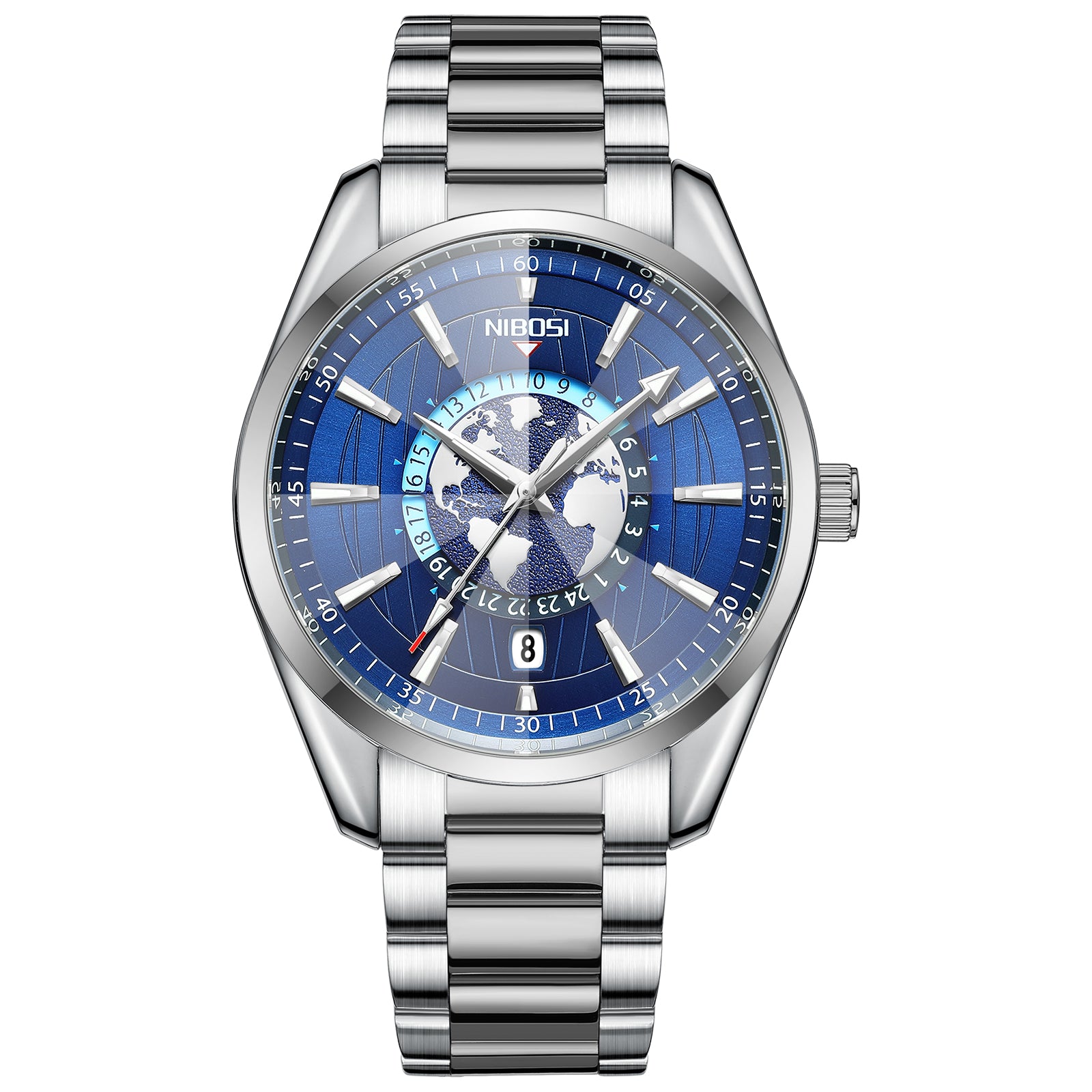 Silver watch with a blue face on a white background