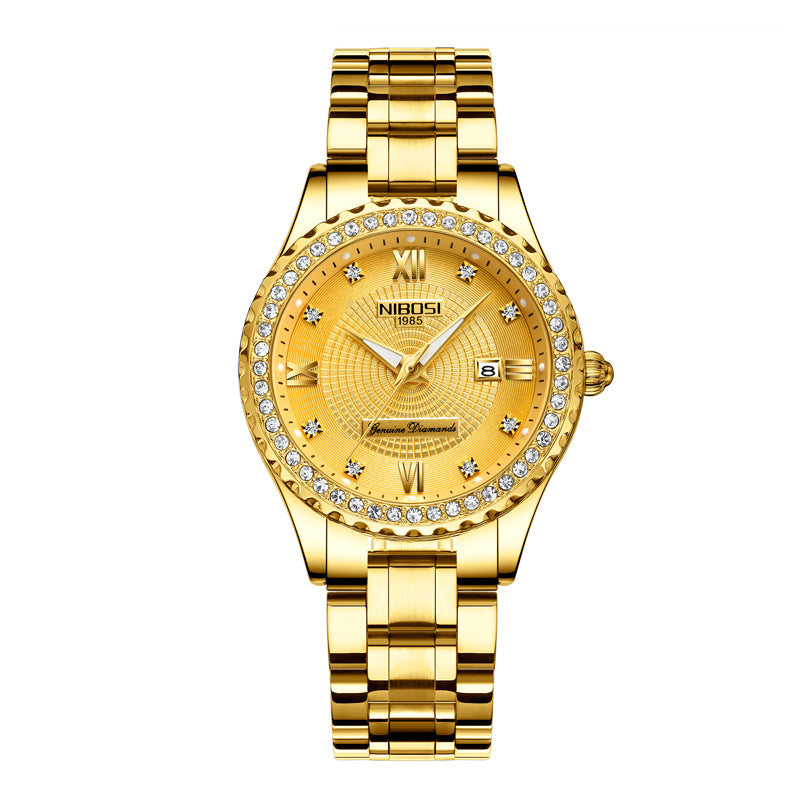 Gold wristwatch with diamond-studded face on a white background
