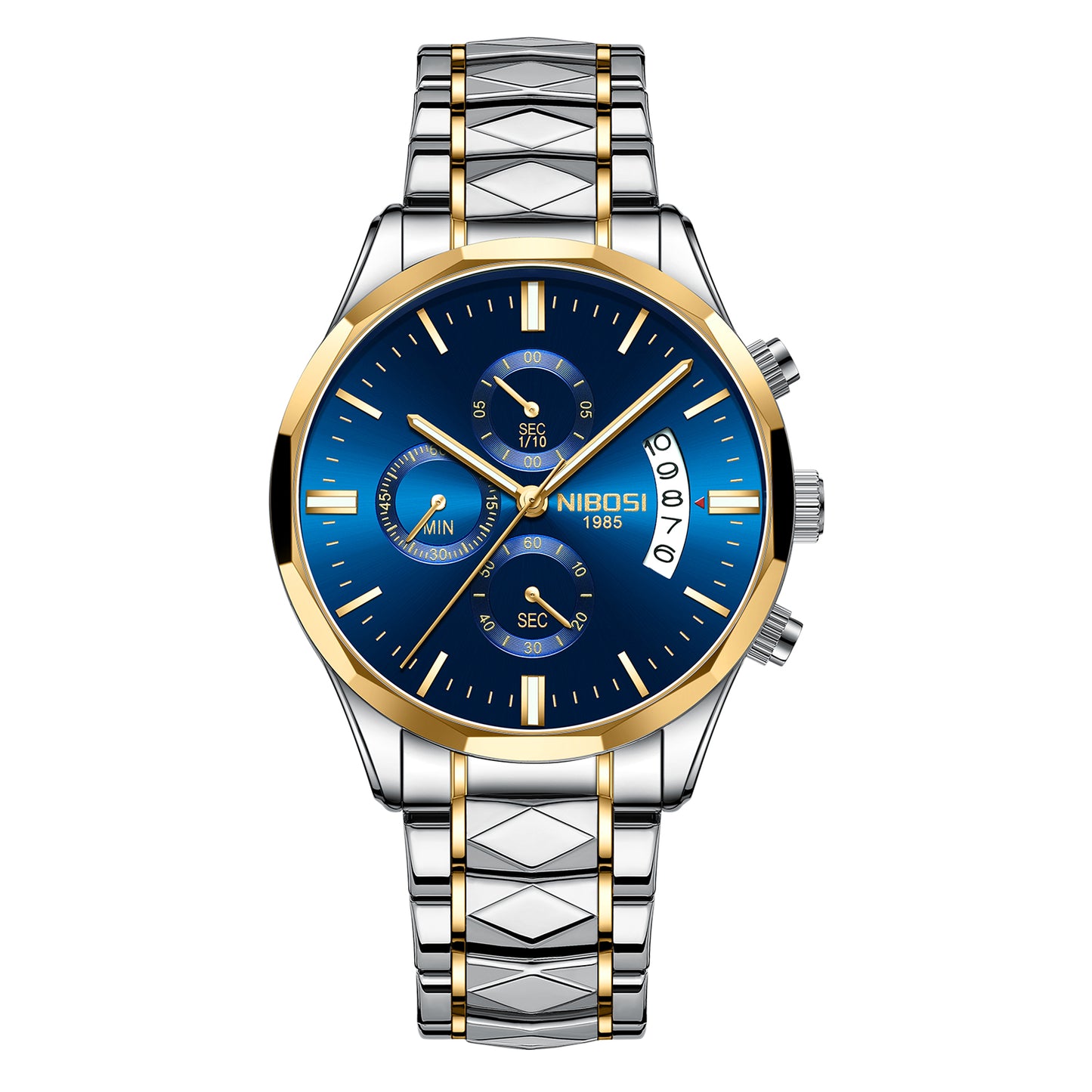 A men's analog watch with a blue dial, gold-tone bezel and hands, and a silver-and-gold-tone stainless steel link bracelet, shown on a plain white background.