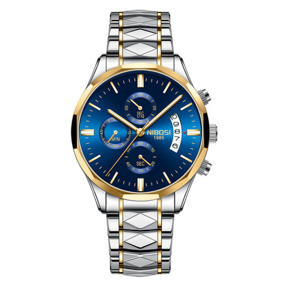 A men's analog watch with a blue dial, gold-tone bezel and hands, and a silver-and-gold-tone stainless steel link bracelet, shown on a plain white background.