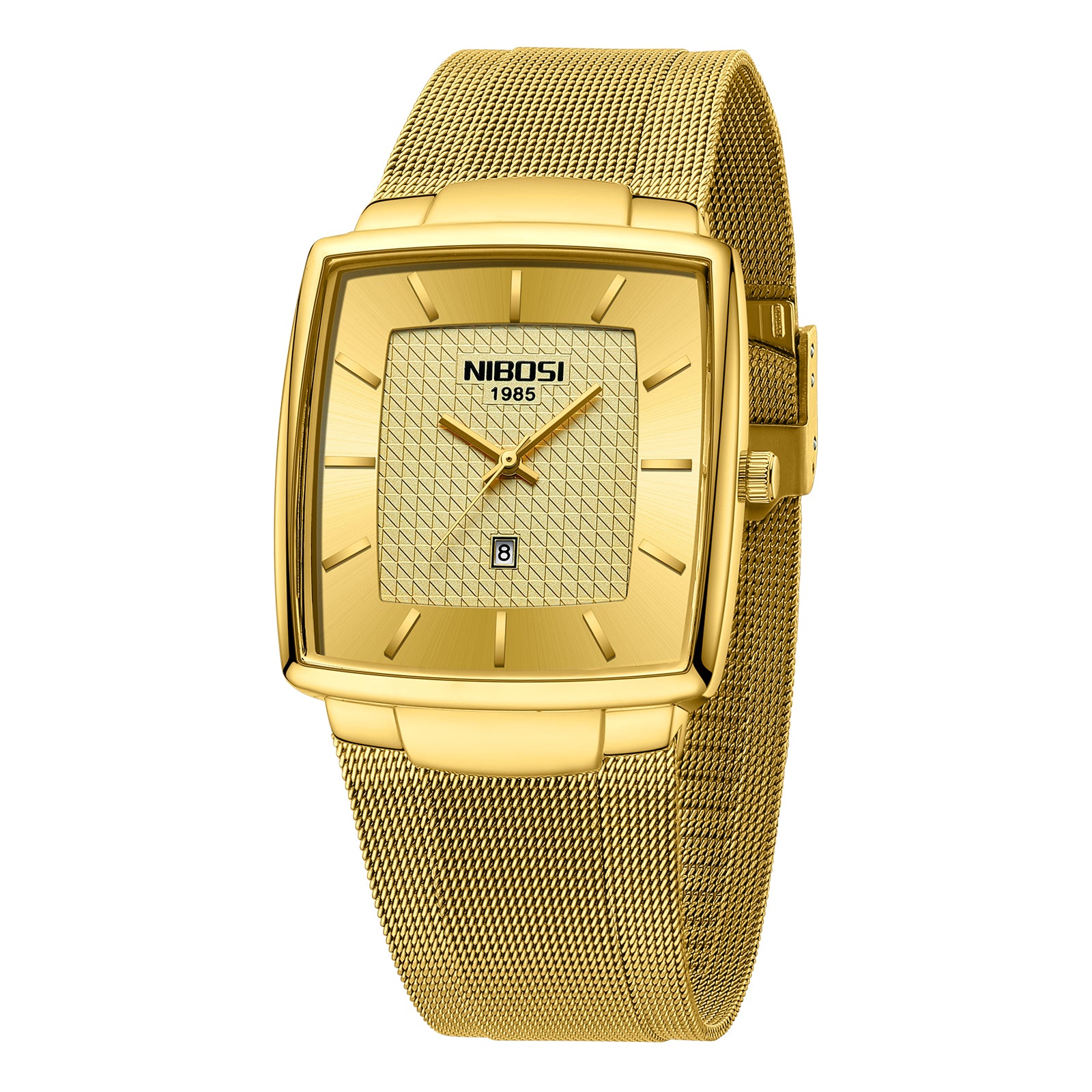 Gold watch with 'NIBOSI' branding on a white background