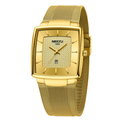 Gold watch with 'NIBOSI' branding on a white background