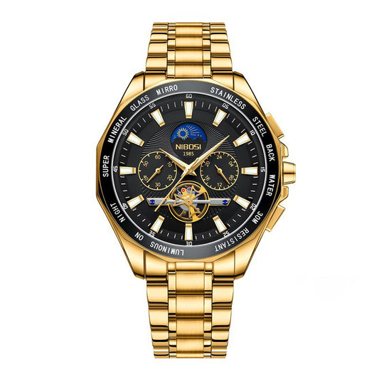 Gold wristwatch with black dial on a white background
