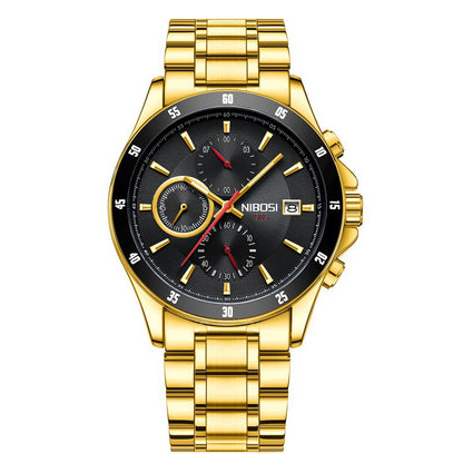 Gold wristwatch with a black dial on a white background
