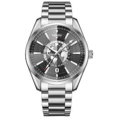 Silver wristwatch with a detailed face on a white background