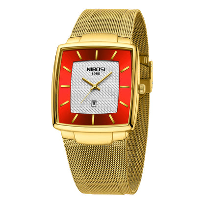 Gold watch with a red face and 'NIBOSI' branding on a white background
