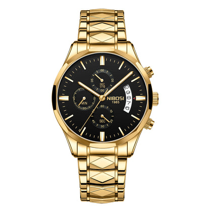 A gold-tone stainless steel chronograph watch with a black dial, featuring a diamond-patterned link bracelet, gold-tone hands and markers, and a date window at 3 o'clock. The brand name 'NIBOSI' is visible on the dial.