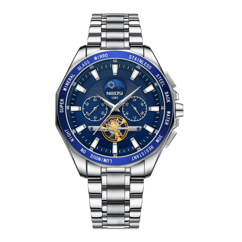 Silver and blue wristwatch with visible brand name on a white background