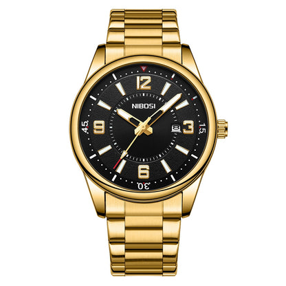 Gold wristwatch with black dial on a white background, featuring the brand 'NIBOSI'.
