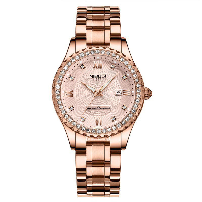 Rose gold watch with diamond-studded face on a white background