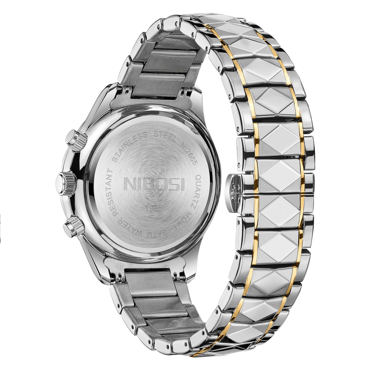 NIBOSI stainless steel watch shown from the back, featuring a silver-toned case and a two-tone link bracelet with silver and gold accents, on a white background.