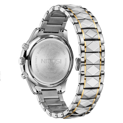NIBOSI stainless steel watch shown from the back, featuring a silver-toned case and a two-tone link bracelet with silver and gold accents, on a white background.