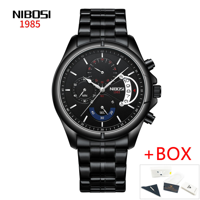 Black NIBOSI watch with detailed face and box on a white background