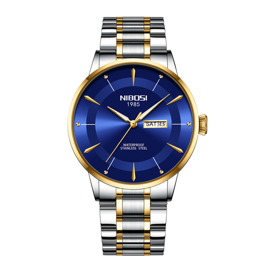 Watch with blue face, gold accents, and silver and gold band on white background