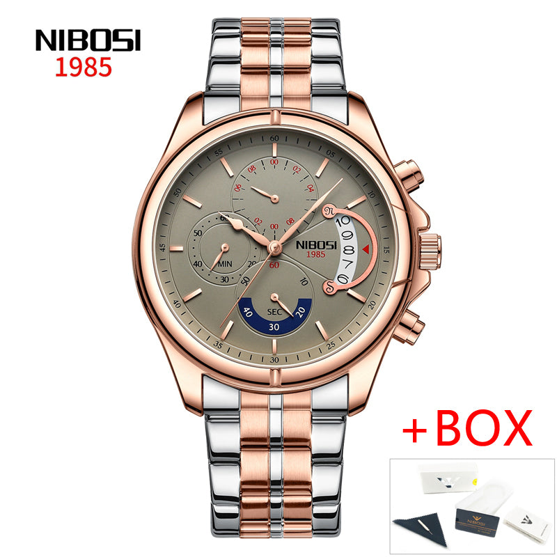 NIBOSI watch with rose gold and silver band on white background