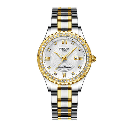Luxury watch with silver and gold band on a white background
