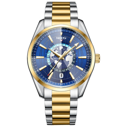 Two-tone silver and gold watch with a blue face on a white background