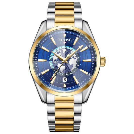 Two-tone silver and gold watch with a blue face on a white background