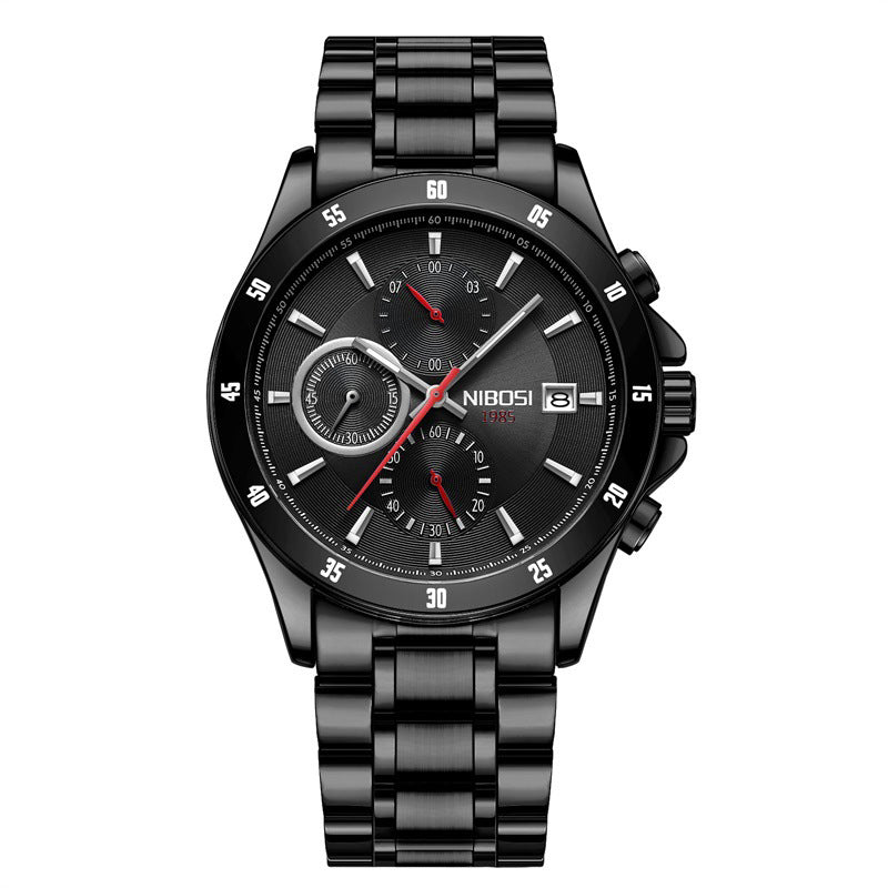 Black wristwatch with detailed face on a white background