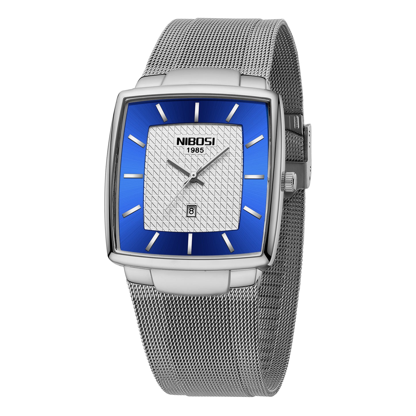 Silver watch with blue face and mesh band on a white background