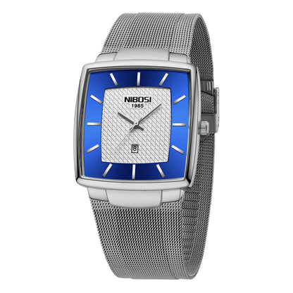 Silver watch with blue face and mesh band on a white background