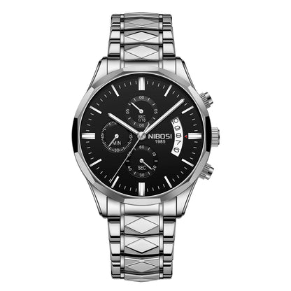 Silver wristwatch with black dial on a white background, featuring the brand 'NIBOSI'.